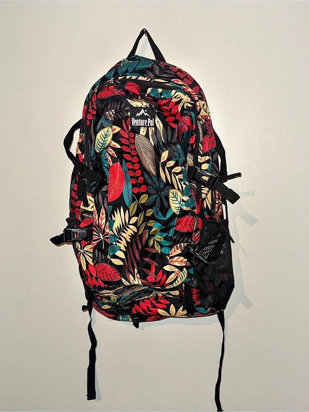 Venture Pal Lightweight Packable Hiking Backpack Tropical Leaf Black & Red